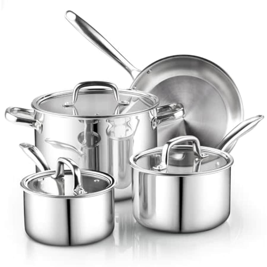 Cook N Home Pots and Pans Stainless Steel Cooking Set 7-Piece, Tri-Ply Clad Kitchen Cookware Set, for $88 Cook N Home Pots and Pans Stainless Steel Cooking Set 7-Piece, Tri-Ply Clad Kitchen Cookware Set, for $88