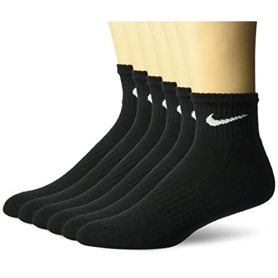 NIKE Unisex Performance Cushion Quarter Socks with Band (6 Pairs), Black/White, Medium for $25 NIKE Unisex Performance Cushion Quarter Socks with Band (6 Pairs), Black/White, Medium for $25