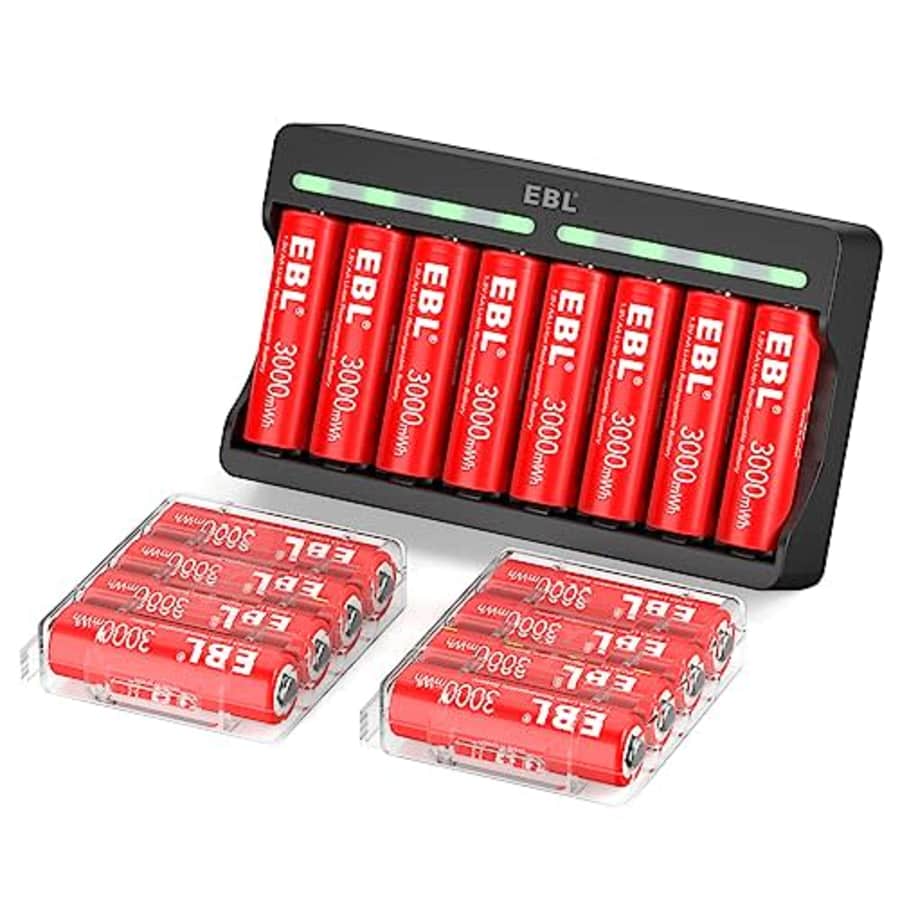 EBL Rechargeable Lithium AA Batteries, 3000mWh 1.5V Double A Battery 16 Pack and 8-Bay AA AAA for $54