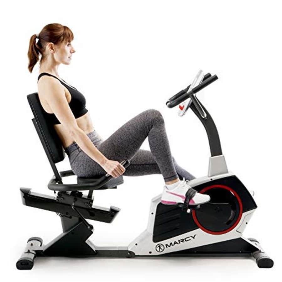 Marcy Regenerating Recumbent Exercise Bike with Adjustable Seat, Pulse Monitor and Transport Wheels for $450