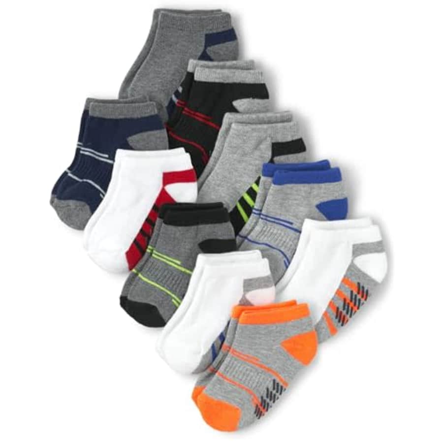 The Children's Place Baby Boys' and Toddler Ankle Socks Variety Pack, Gray Stripe 10-Pack, 2-3T for $8