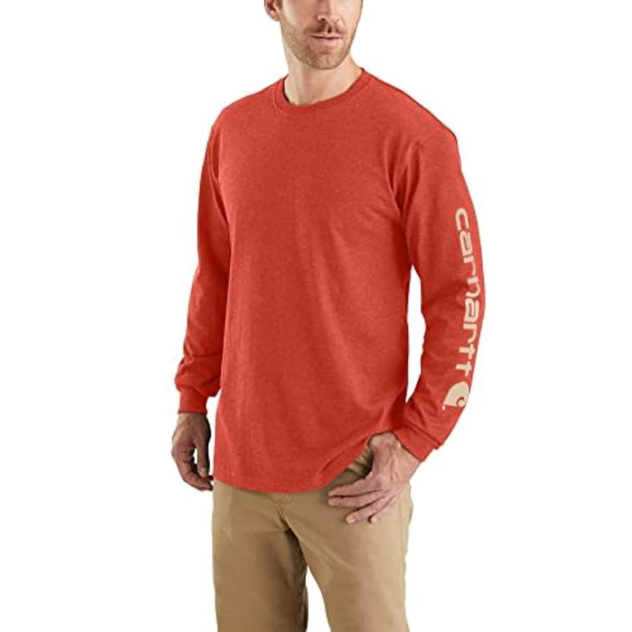 Carhartt Men's Loose Fit Heavyweight Long Logo Sleeve Graphic T-Shirt, Desert Orange Heather, Large for $15 Carhartt Men's Loose Fit Heavyweight Long Logo Sleeve Graphic T-Shirt, Desert Orange Heather, Large for $15
