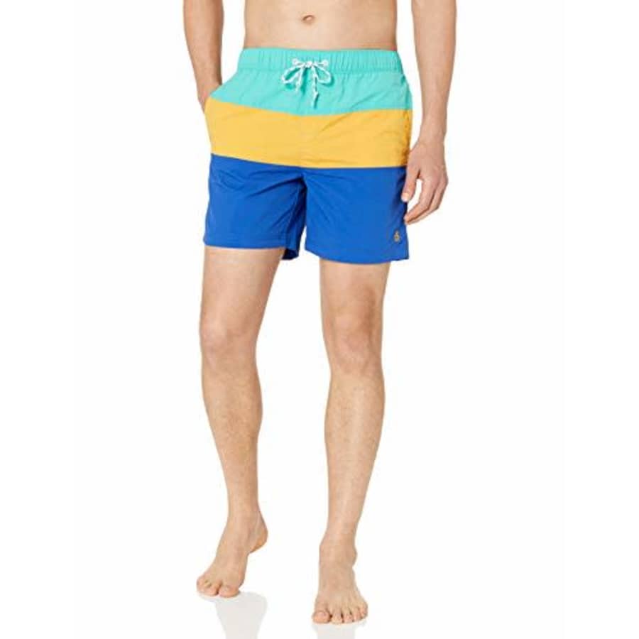 Original Penguin Men's Stripe Elastic Waist Volley Swim Short, Cadmium Yellow Aqua Classic, X-Large for $38