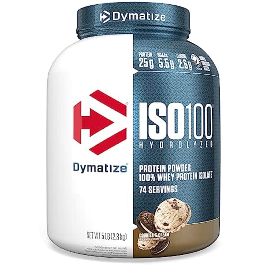 Dymatize ISO100 Hydrolyzed Protein Powder, 100% Whey Isolate Protein, 25g of Protein, 5.5g BCAAs, for $87 Dymatize ISO100 Hydrolyzed Protein Powder, 100% Whey Isolate Protein, 25g of Protein, 5.5g BCAAs, for $87