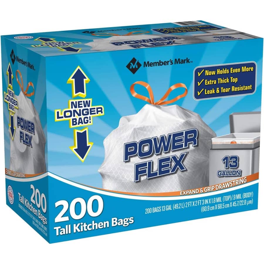 Member's Mark Power Flex Tall Kitchen Drawstring Bags 200-Pack for $17