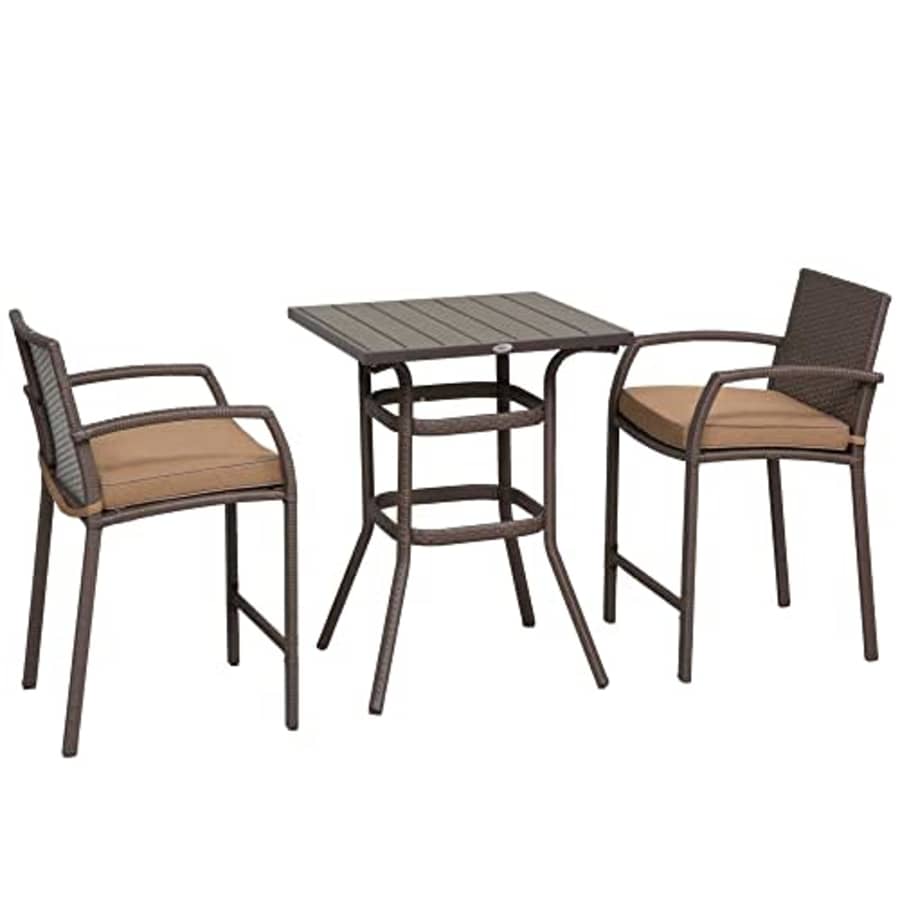 Outsunny 3 PCS Rattan Wicker Bar Set with Wood Grain Top Table and 2 Bar Stools for Outdoor, Patio, for $170