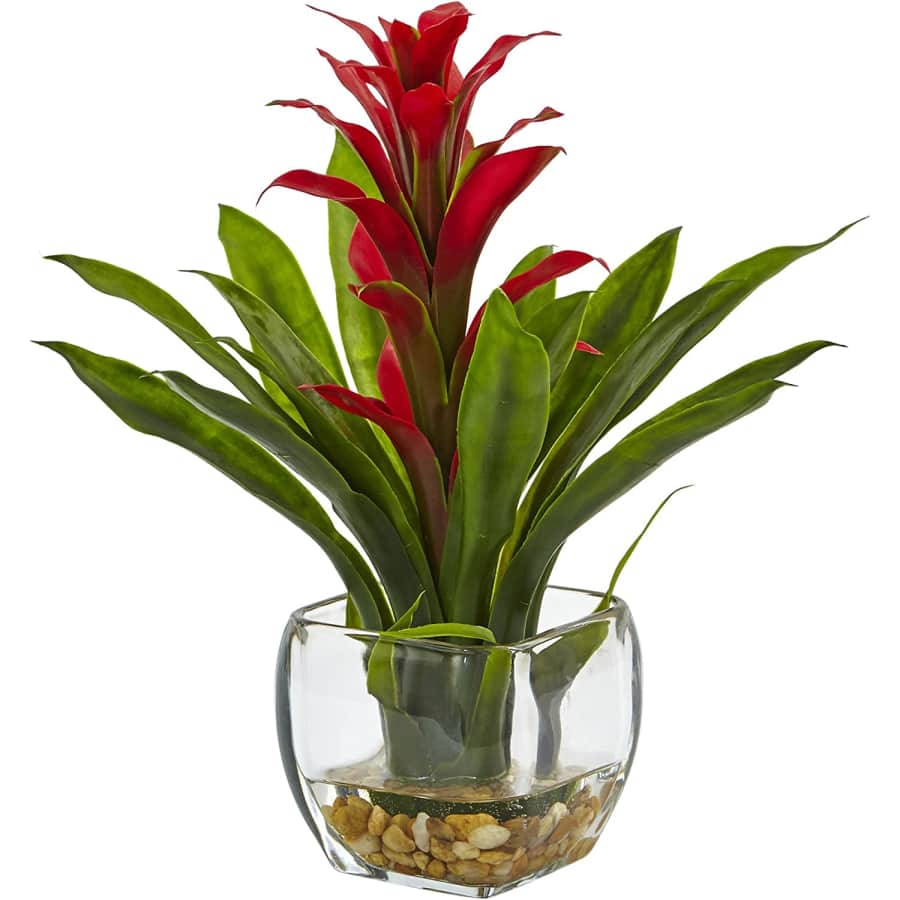 Nearly Natural 6897-RD Bromeliad with Glass Vase Arrangement for $23