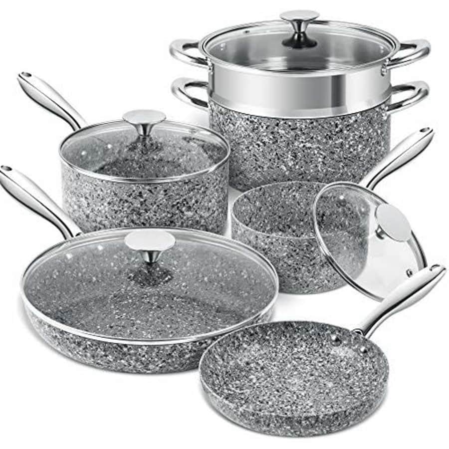 MICHELANGELO Stone Cookware Set 10 Piece, Ultra Nonstick Pots and Pans Set with Stone-Derived for $130 MICHELANGELO Stone Cookware Set 10 Piece, Ultra Nonstick Pots and Pans Set with Stone-Derived for $130
