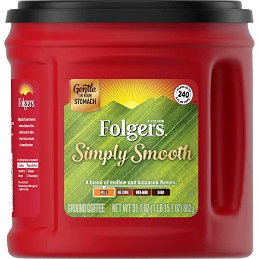 Folgers Simply Smooth Mild Roast Ground Coffee, 31.1 Ounces, Red, 1.94 Pound (Pack of 1) (20513) for $36 Folgers Simply Smooth Mild Roast Ground Coffee, 31.1 Ounces, Red, 1.94 Pound (Pack of 1) (20513) for $36