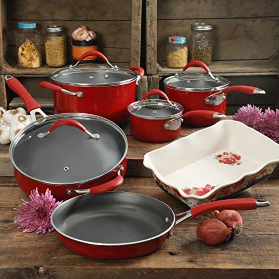 The Pioneer Woman Vintage Speckle 10-Piece Non-Stick Pre-Seasoned Cookware Set (Red) for $121