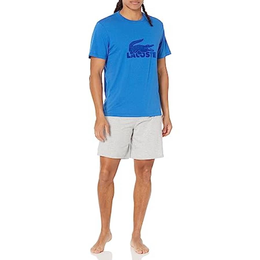 Lacoste Men's 2-Piece Pajama Set with Relaxed Fit T-Shirt and Sleep Shorts, Fiji/Kingdom-Silver for $53