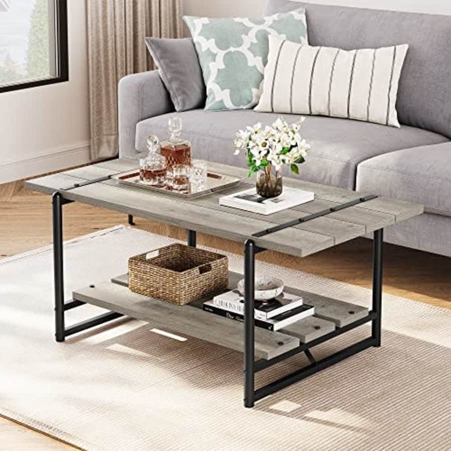 Idealhouse 2-Tier Farmhouse 41'' Large Gray Wood Coffee Table with Storage Shelf -Modern Rustic Metal for $70 Idealhouse 2-Tier Farmhouse 41'' Large Gray Wood Coffee Table with Storage Shelf -Modern Rustic Metal for $70