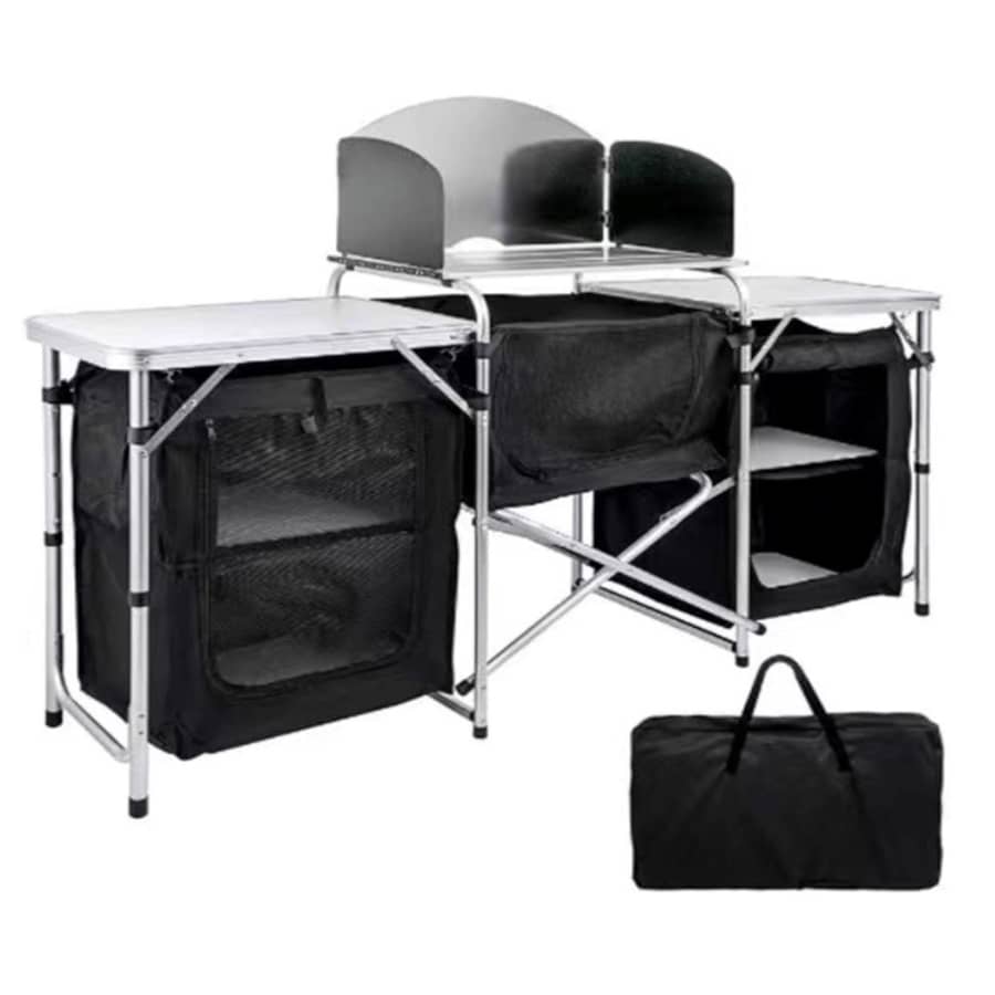 Monoprice 6-Foot Fold-Up Camping Kitchen Table w/ Windscreen & Enclosed Cupboards for $80