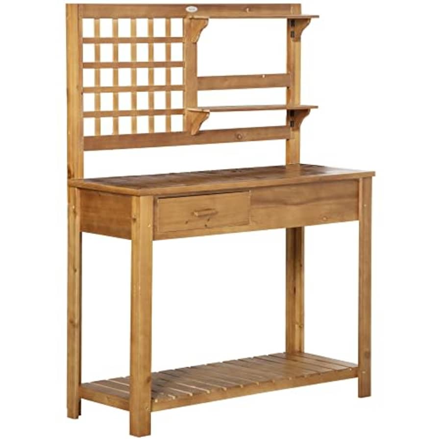 Outsunny Potting Bench Table, Garden Work Bench, Outdoor Wooden Workstation with Tiers of Shelves for $120 Outsunny Potting Bench Table, Garden Work Bench, Outdoor Wooden Workstation with Tiers of Shelves for $120