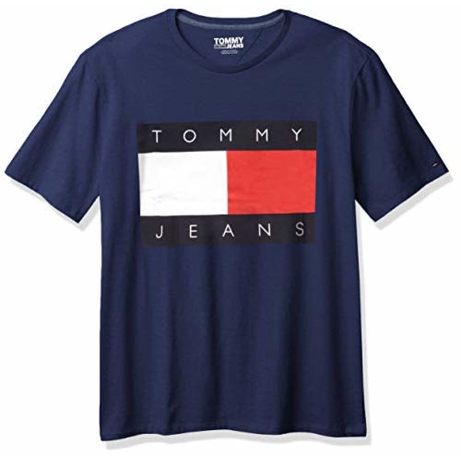 Tommy Hilfiger Men's Tommy Jeans Short Sleeve Logo T Shirt, Black IRIS-PT, SM for $46