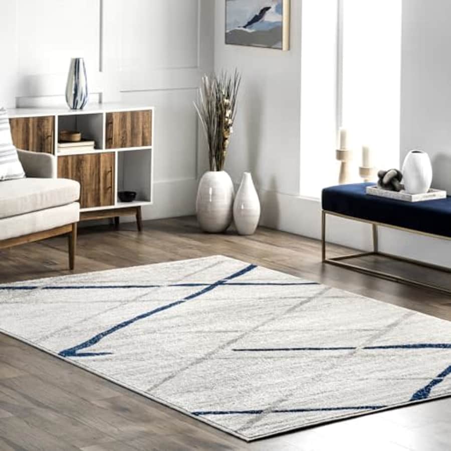 nuLOOM 4x6 Thigpen Contemporary Area Rug, Blue Grey, Abstract Lines, Non-Slip Backing, Stain for $60 nuLOOM 4x6 Thigpen Contemporary Area Rug, Blue Grey, Abstract Lines, Non-Slip Backing, Stain for $60