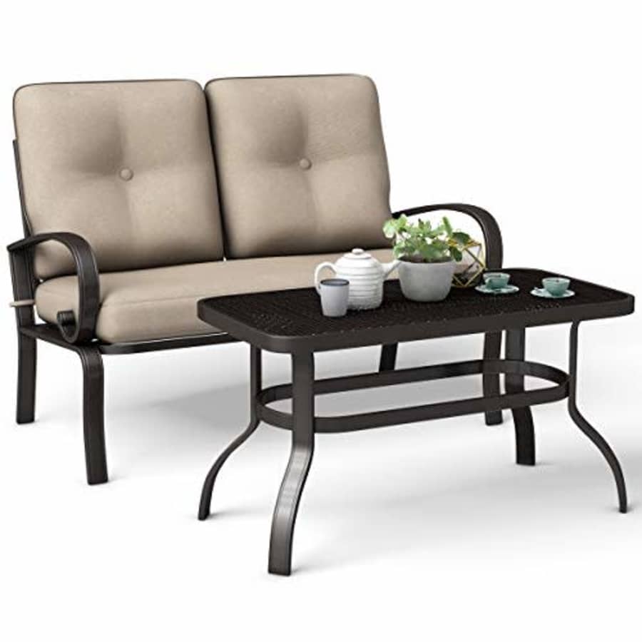 Giantex 2 Pcs Patio Loveseat with Coffee Table Outdoor Bench with Cushion and Metal Frame, Loveseat for $180