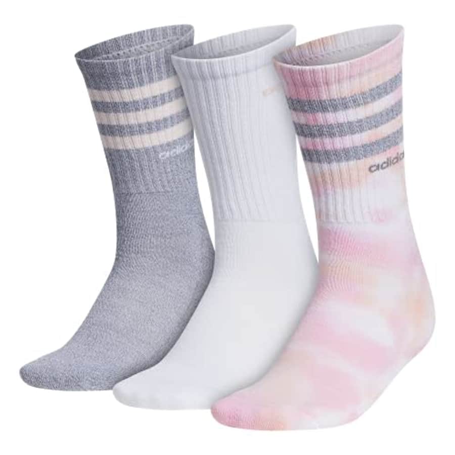 adidas womens 3-Stripe Crew Socks (3-Pair), Vapour Pink/Frost Pink/White, Medium for $20