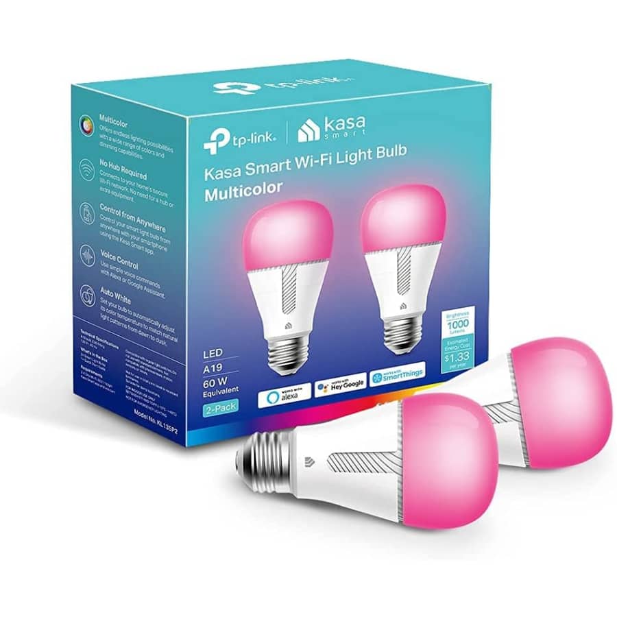 TP-Link Kasa Smart 1,000-Lumen Multicolor LED A19 Smart Bulb 2-Pack for $19
