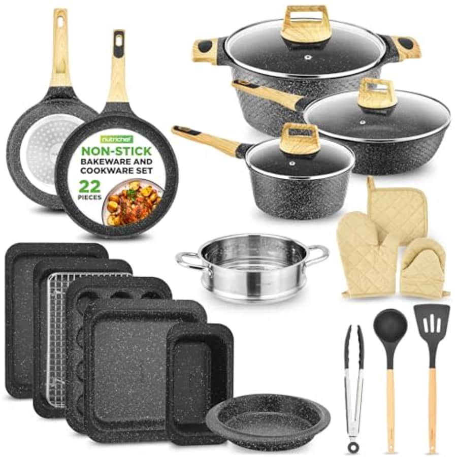 NutriChef 22-Piece Black Marble Non-Stick Cookware and Bakeware Set - Professional Home Kitchen for $144