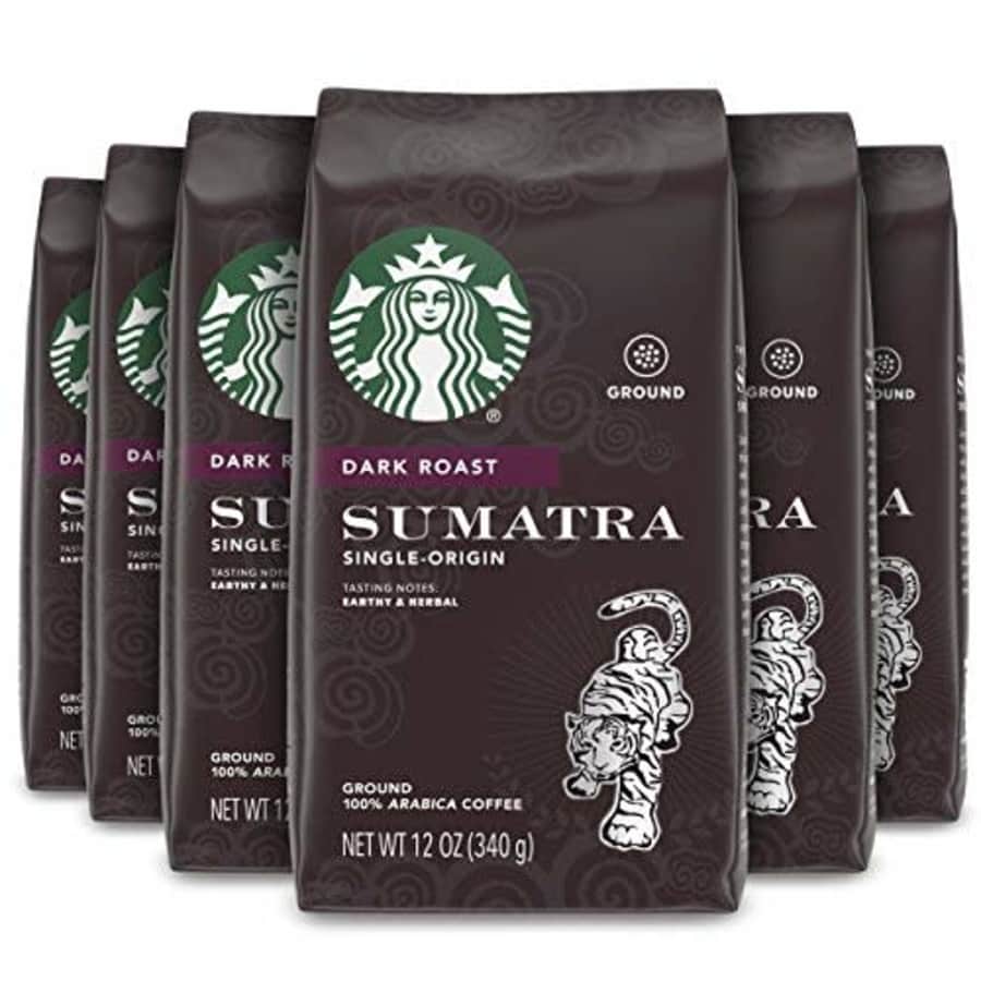 Starbucks Dark Roast Ground Coffee Sumatra 100% Arabica 6 bags (12 oz. each) for $54 Starbucks Dark Roast Ground Coffee Sumatra 100% Arabica 6 bags (12 oz. each) for $54