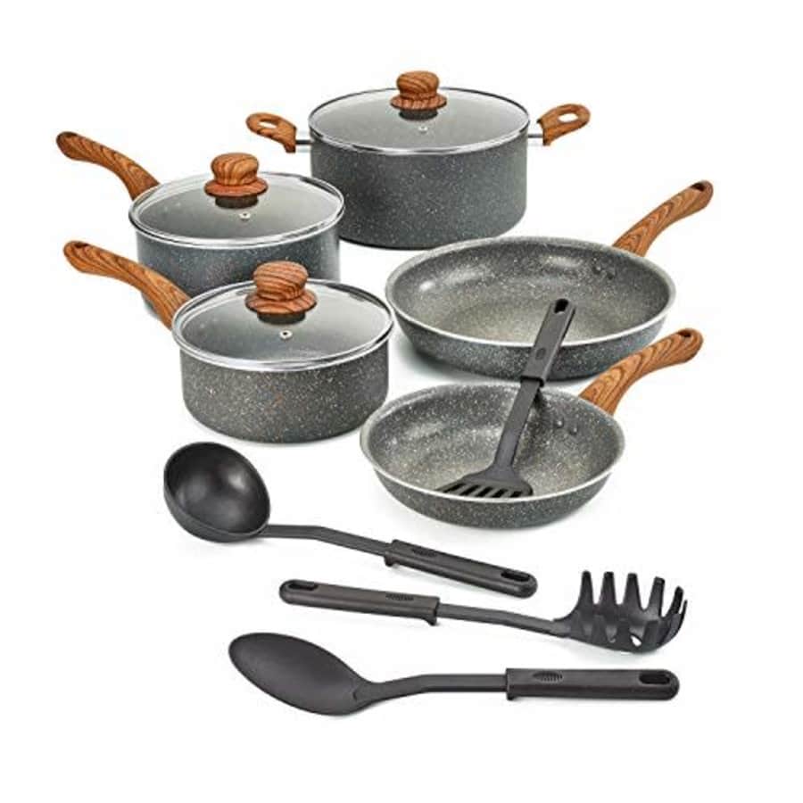 BELLA 12-Piece Non-Stick Cookware Set with Saucepans, Fry Pans & Cooking Utensils, Charcoal & Wood for $80