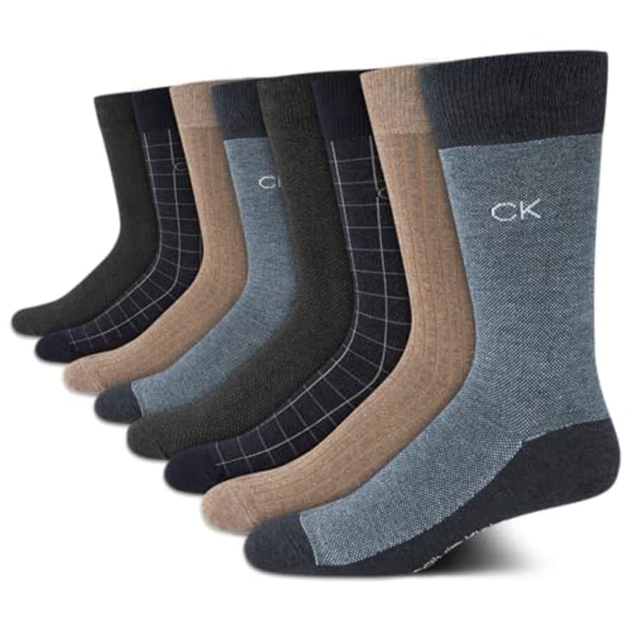 Calvin Klein Men's Dress Socks - Lightweight Cotton Blend Crew Socks (8 Pack), Size 7-12, Navy/Tan for $34
