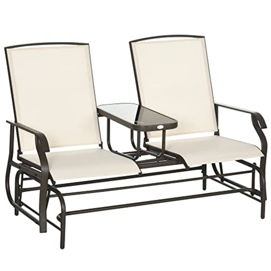 Outsunny Outdoor Glider Bench with Center Table, Metal Frame Patio Loveseat with Breathable Mesh for $140