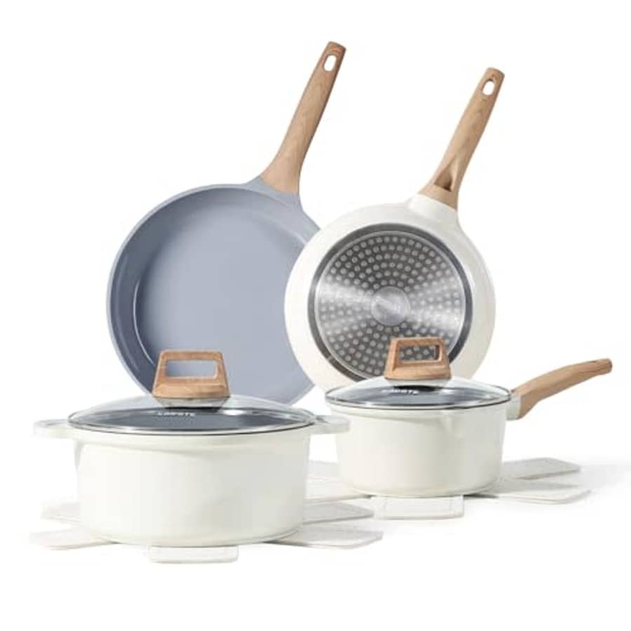 CAROTE 12 Pcs Ceramic Pots and Pans Set, Nonstick Cookware Sets Kitchen Cooking Set Induction Non for $50 CAROTE 12 Pcs Ceramic Pots and Pans Set, Nonstick Cookware Sets Kitchen Cooking Set Induction Non for $50