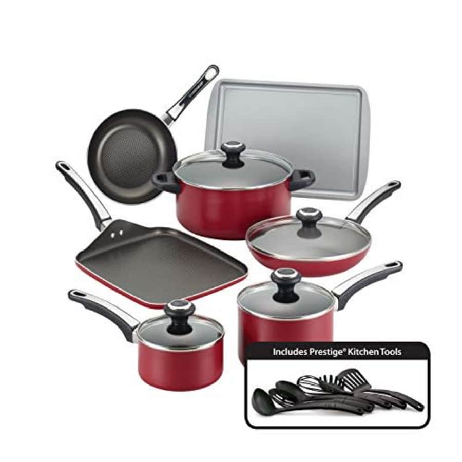Farberware High Performance Nonstick Cookware Pots and Pans Set Dishwasher Safe, 17 Piece, Red for $67