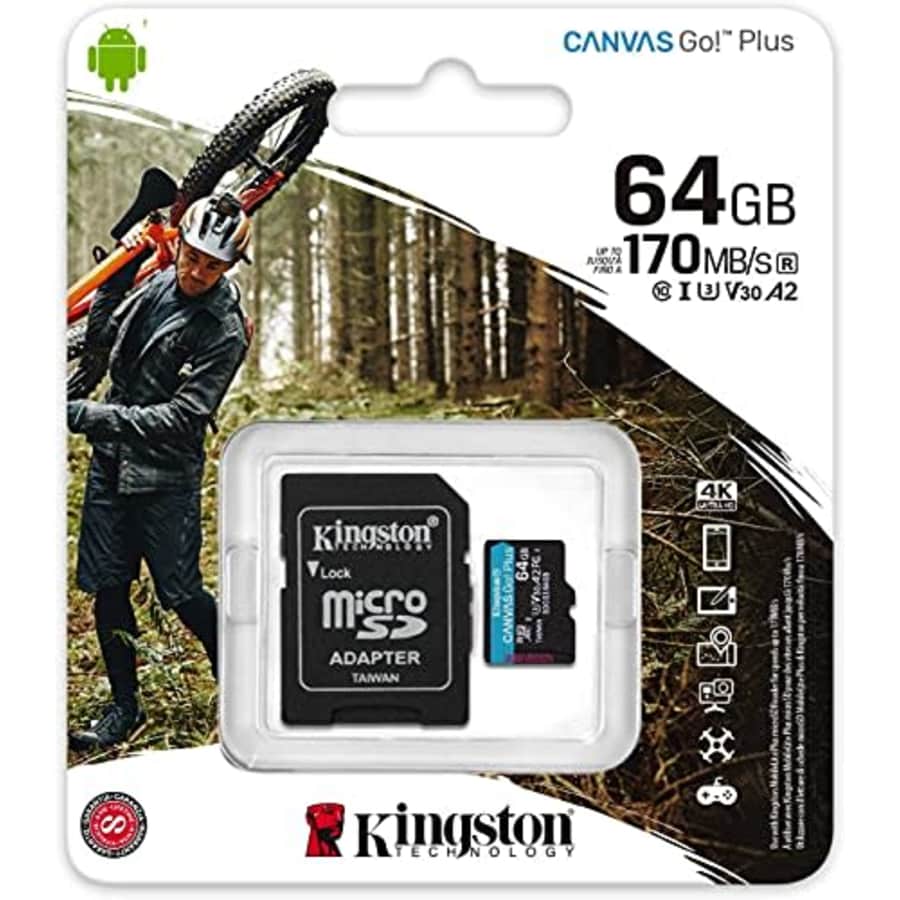 Kingston 64GB microSDXC Canvas Go Plus 170MB/s Read UHS-I, C10, U3, V30, A2/A1 Memory Card + for $15