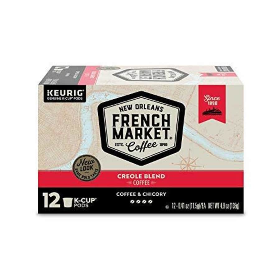French Market Coffee, Creole Blend Coffee and Chicory, Single Serve Coffee K-Cup Pods, Dark Roast, for $12 French Market Coffee, Creole Blend Coffee and Chicory, Single Serve Coffee K-Cup Pods, Dark Roast, for $12