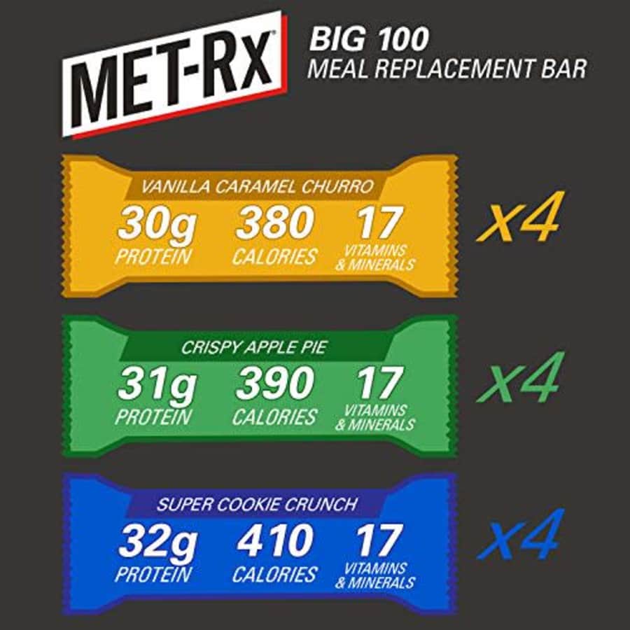 MET-Rx Big 100 Colossal Protein Bars Variety Pack, Super Cookie Crunch, Vanilla Caramel Churro, and for $45 MET-Rx Big 100 Colossal Protein Bars Variety Pack, Super Cookie Crunch, Vanilla Caramel Churro, and for $45