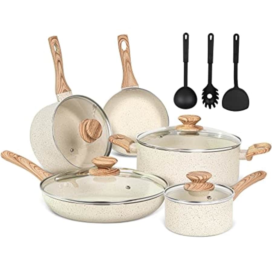 MICHELANGELO White Pots and Pans Set Nonstick Cookware Sets, 12pcs White Granite Cookware Set for $100 MICHELANGELO White Pots and Pans Set Nonstick Cookware Sets, 12pcs White Granite Cookware Set for $100