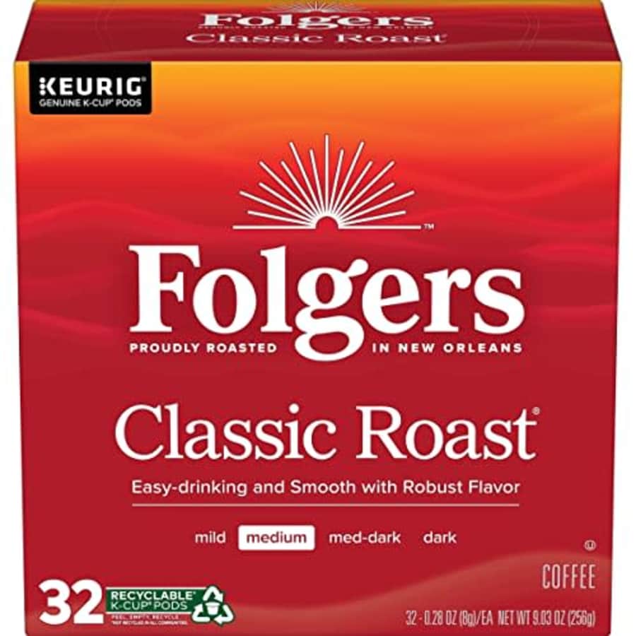 Folgers Classic Roast Coffee, Medium Roast, K Cup Pods for Keurig Coffee Makers, 32Count for $26 Folgers Classic Roast Coffee, Medium Roast, K Cup Pods for Keurig Coffee Makers, 32Count for $26