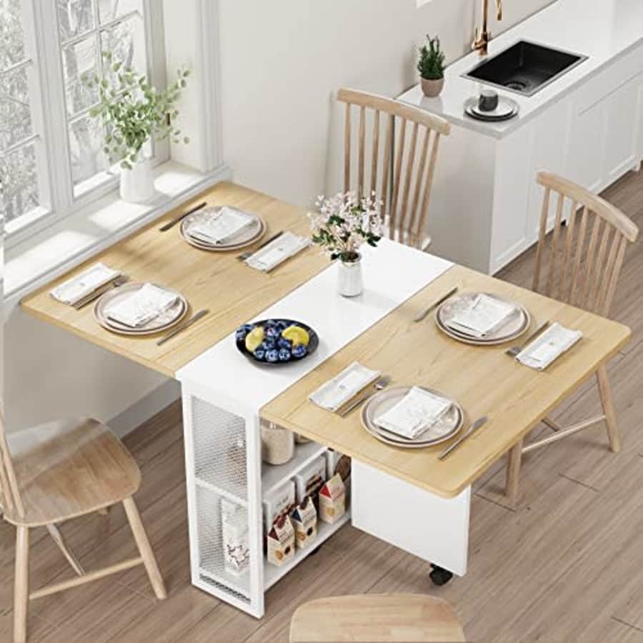 Idealhouse Space Saving Folding Dining Table with 2 Tier Storage-Extendable Drop Leaf Farmhouse Wood Kitchen for $90