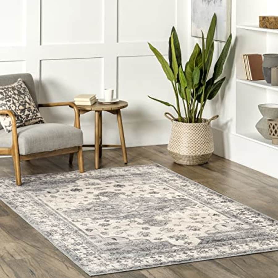 nuLOOM 5x8 Machine Washable Rain Haven Vintage Medallion Area Rug, Light Grey, Traditional Faded for $60