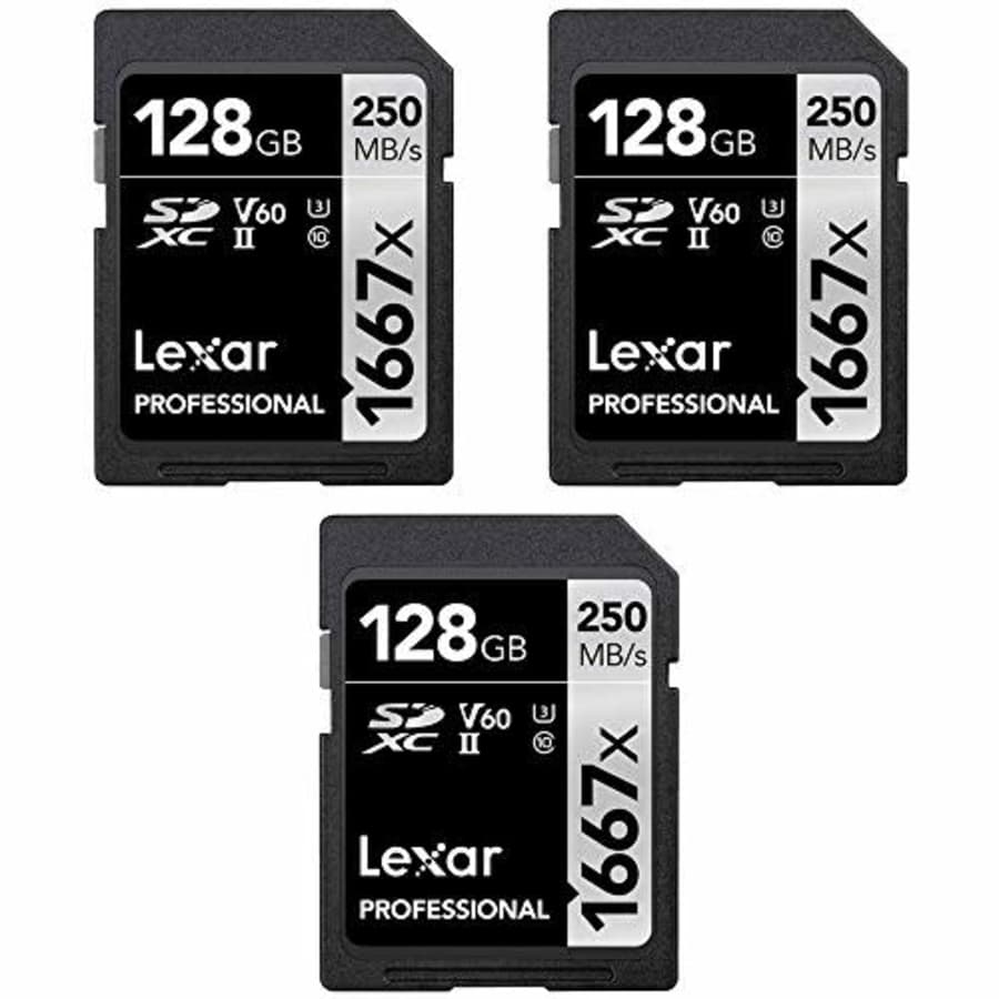 Lexar LSD128CBNA1667 Professional SDHC/SDXC 1667x UHS-II 128GB Memory Card (3-Pack) for $120 Lexar LSD128CBNA1667 Professional SDHC/SDXC 1667x UHS-II 128GB Memory Card (3-Pack) for $120