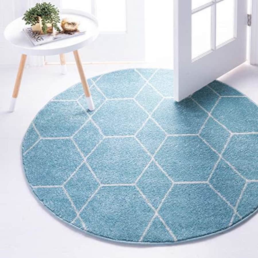 Unique Loom Trellis Frieze Collection Lattice Moroccan Geometric Modern Light Blue Round Rug (5' 0 for $38