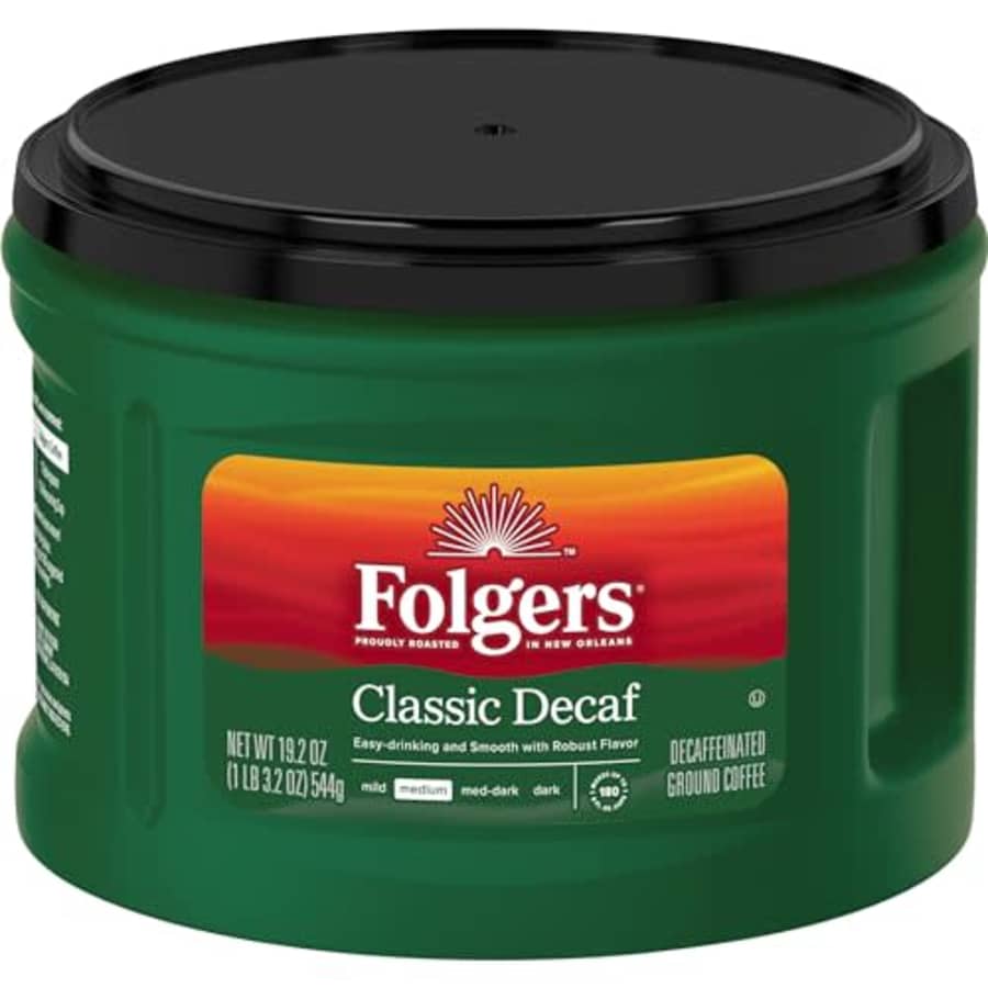 Folgers Decaf Coffee, Ground Coffee, Classic Medium Roast, 19.2 Ounce Canister (Pack of 6) for $66 Folgers Decaf Coffee, Ground Coffee, Classic Medium Roast, 19.2 Ounce Canister (Pack of 6) for $66