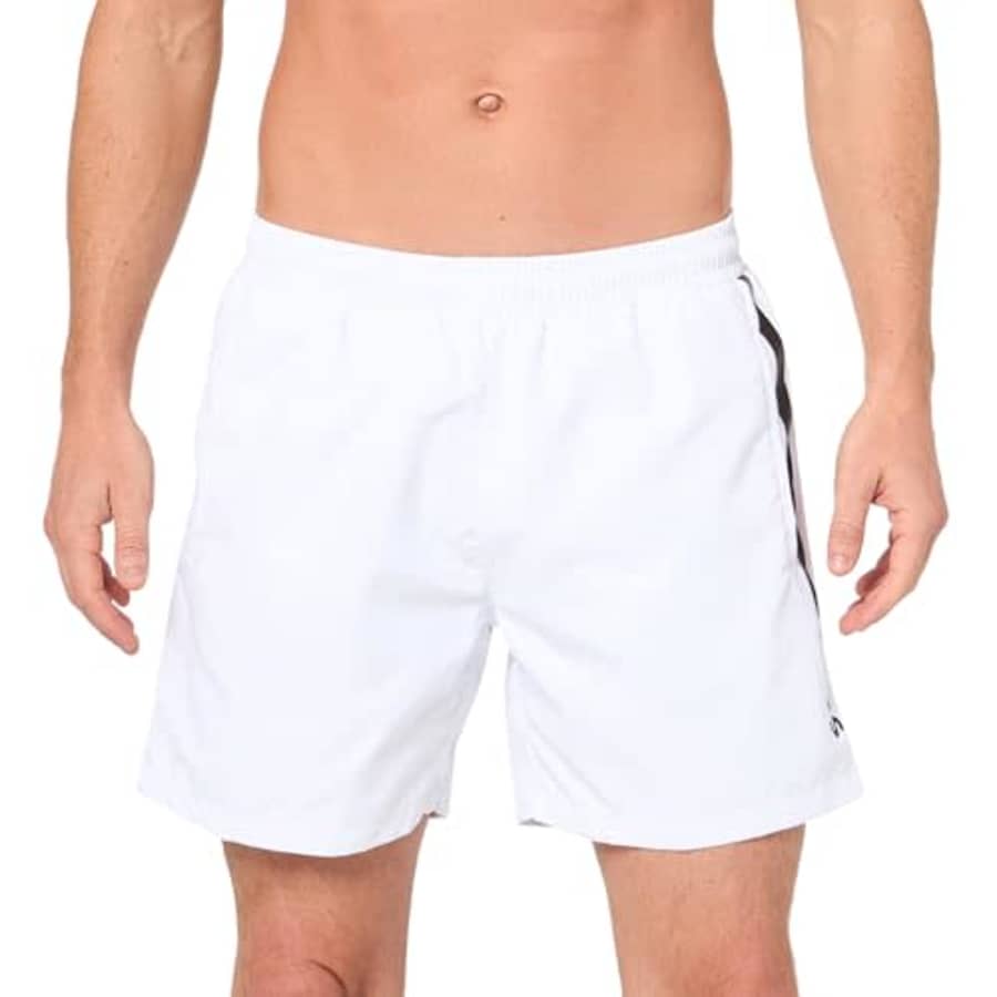 BOSS Men's Standard Vertical Logo Swim Trunks, White Cloud for $64