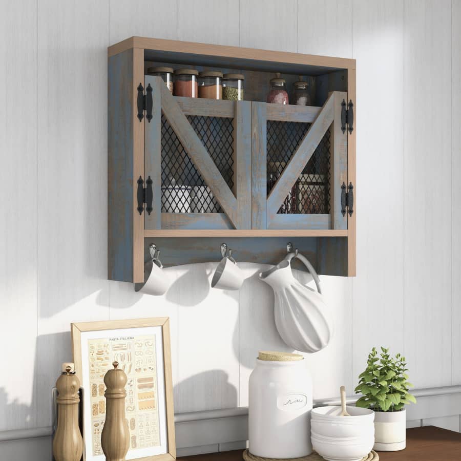 Morshau Rustic Distressed Blue and Mesh-Wire Wall Cabinet with Hooks for $40