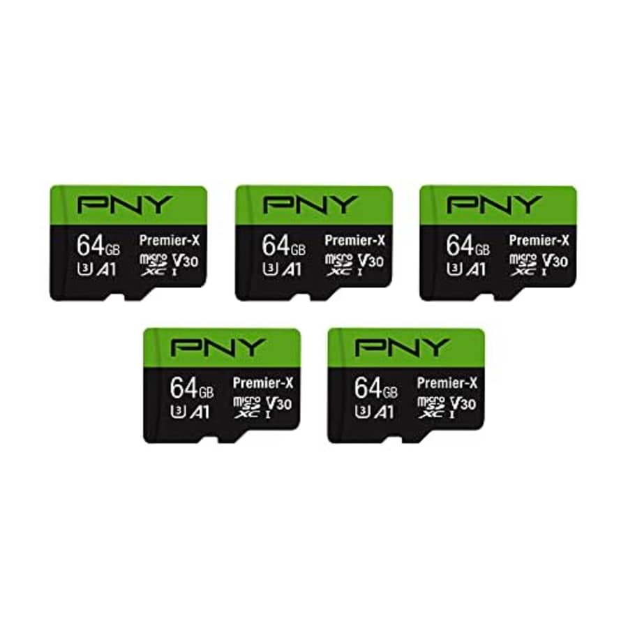 PNY 64GB Premier-X Class 10 U3 V30 microSDXC Flash Memory Card 5-Pack - 100MB/s, Class 10, A1, 4K for $86 PNY 64GB Premier-X Class 10 U3 V30 microSDXC Flash Memory Card 5-Pack - 100MB/s, Class 10, A1, 4K for $86
