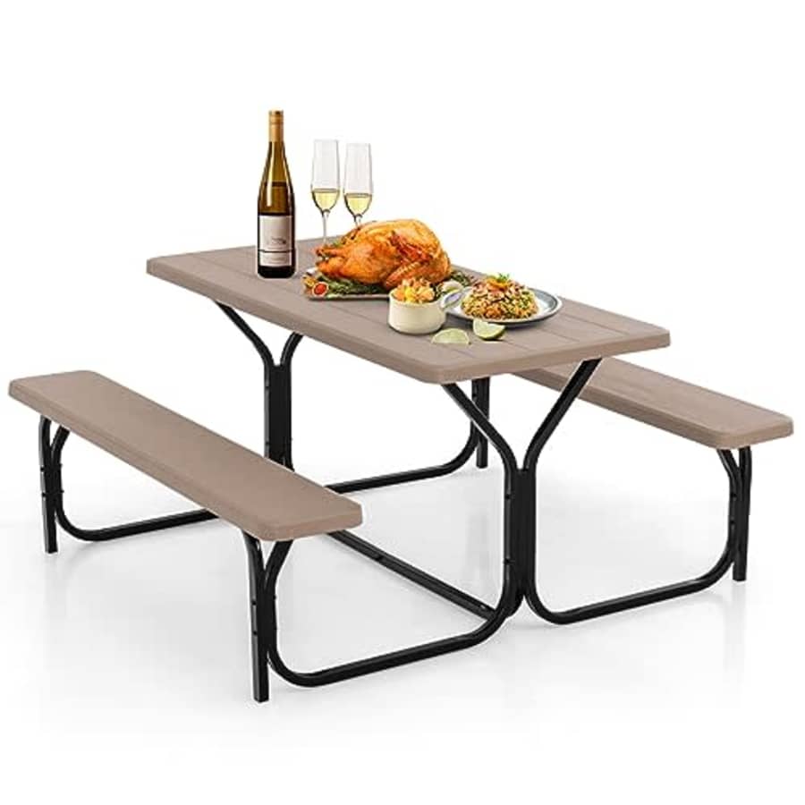 GYMAX Picnic Table, Table Bench Set w/Stable Steel Frame & All Weather Table Top for Outdoors for $170 GYMAX Picnic Table, Table Bench Set w/Stable Steel Frame & All Weather Table Top for Outdoors for $170