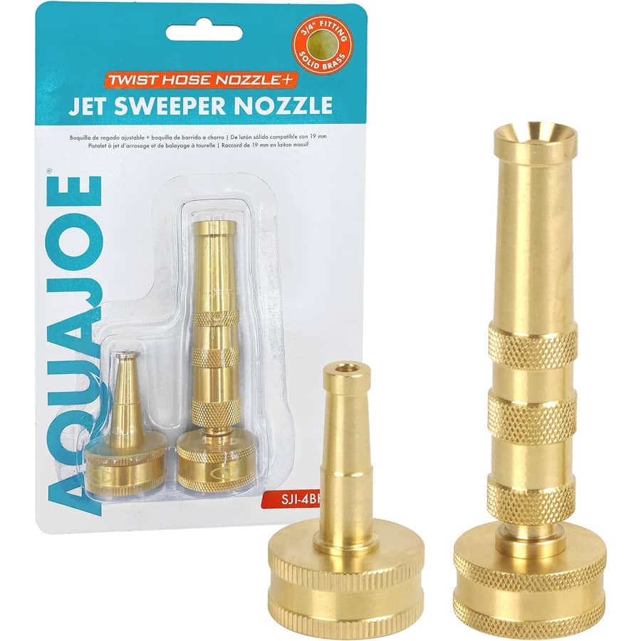 Aqua Joe Solid Brass Twist Hose Nozzle + Jet Sweeper Nozzle 2-Pack for $6.32 w/ Prime Aqua Joe Solid Brass Twist Hose Nozzle + Jet Sweeper Nozzle 2-Pack for $6.32 w/ Prime