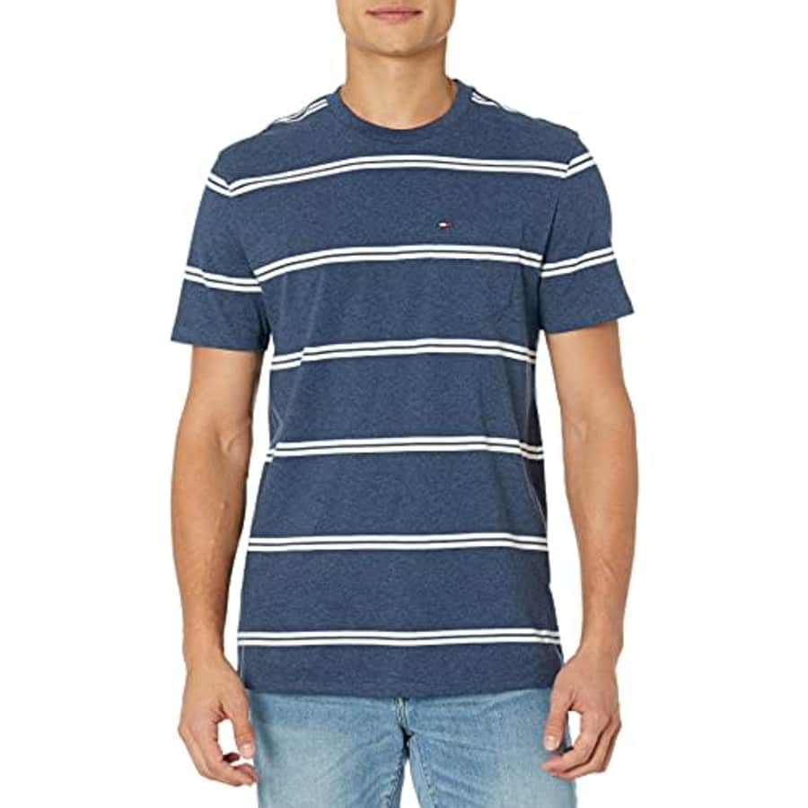 Tommy Hilfiger Men's Short Sleeve Crewneck T Shirt with Pocket, VMBL251 Navy Heather, XS for $25