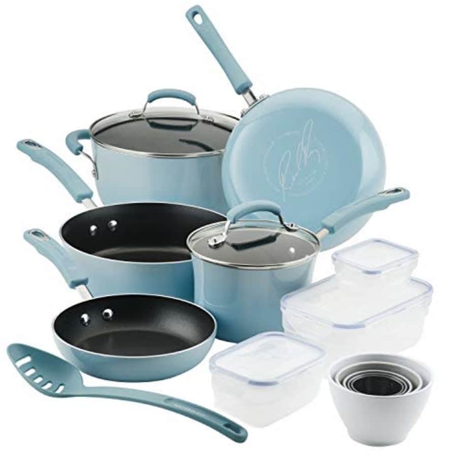 Rachael Ray Brights Nonstick Cookware Pots and Pans Set with LocknLock Containers, 19 Piece, Sky for $150