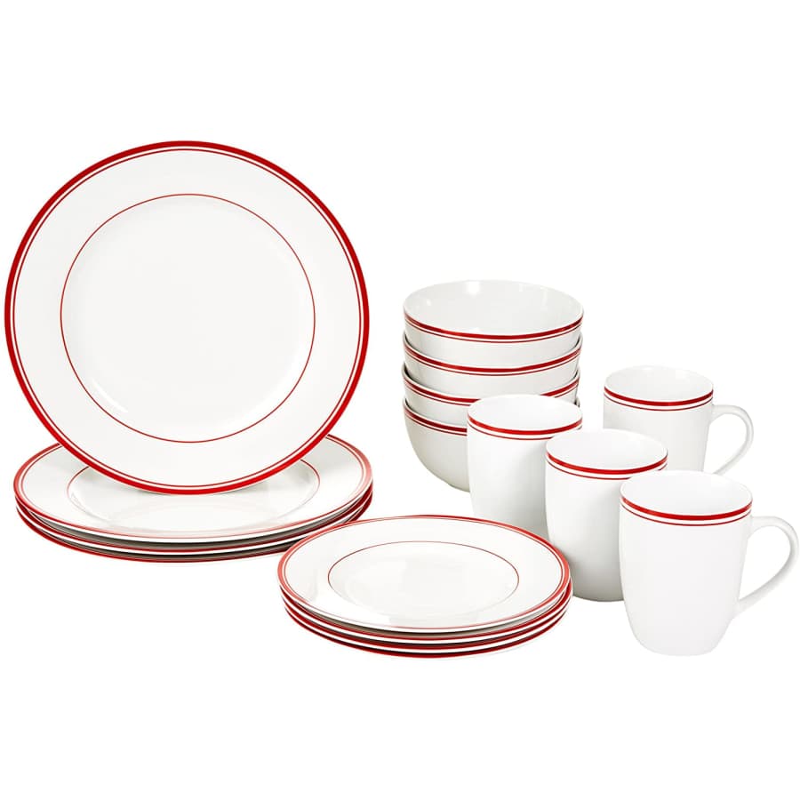 AmazonBasics Cafe Stripe 16-Piece Porcelain Dinnerware Set for $28