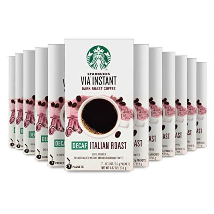 Starbucks VIA Instant Coffee Dark Roast Packets Decaf Italian 12 boxes (84 packets total) for $135 Starbucks VIA Instant Coffee Dark Roast Packets Decaf Italian 12 boxes (84 packets total) for $135
