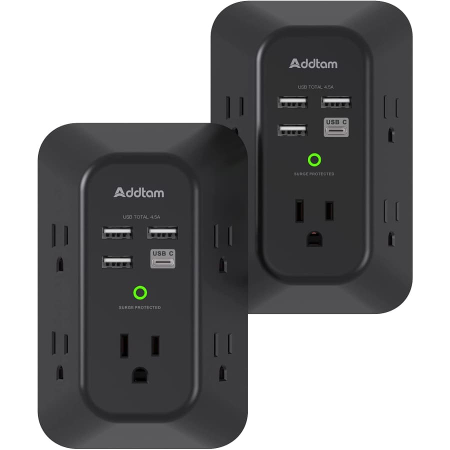 Addtam 5-Outlet USB Wall Charger Surge Protector 2-Pack for $30